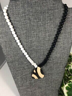 Vintage Black White Beaded Necklace Abstract Enamel Pendant Statement Jewelry